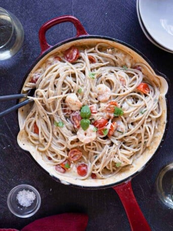 A pan full of gluten free shrimp carbonara