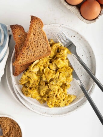 A plate of scrambled eggs