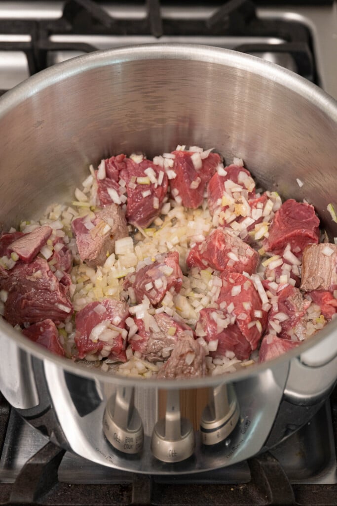 a pot with lamb and onions sautéing