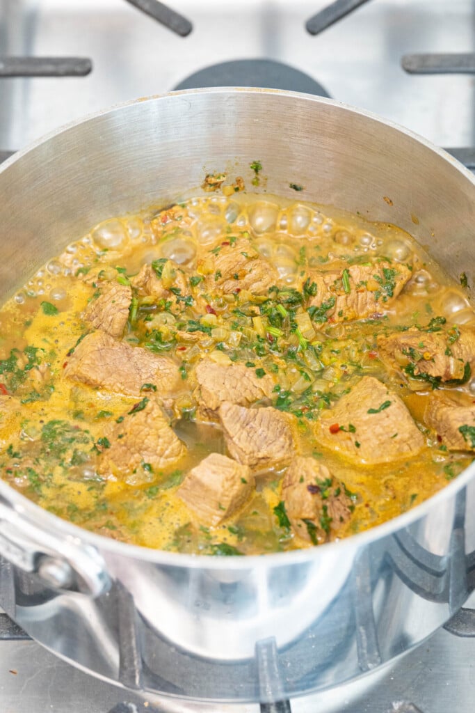 a pot with lamb, onions, herbs, and water boiling
