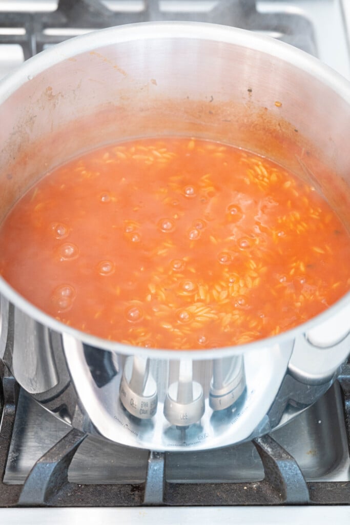 a pot of tomato sauce and orzo boiling