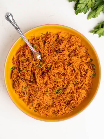 A bowl of Moroccan carrot salad.