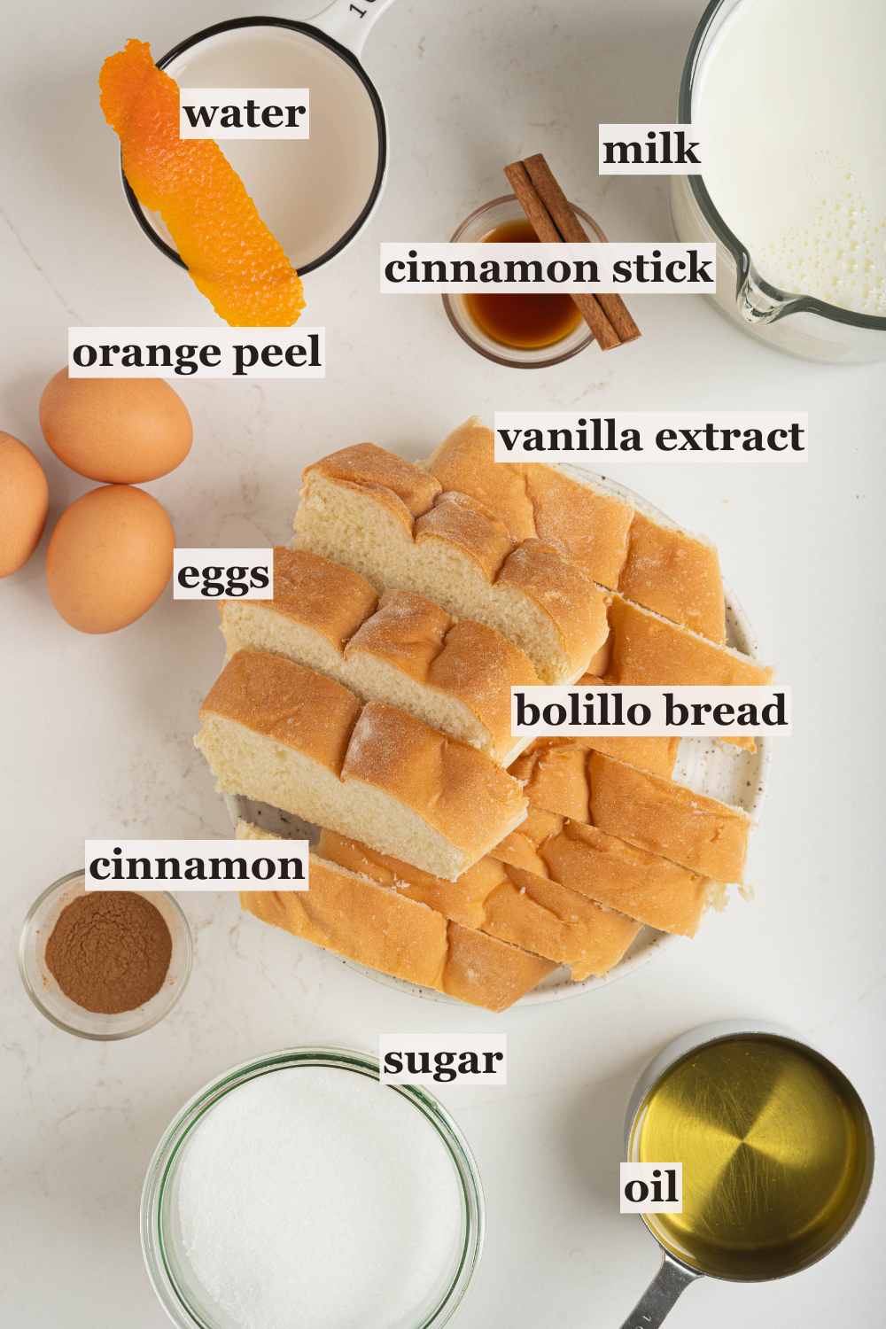 Bowls of bread, cinnamon, sugar, milk, and more.