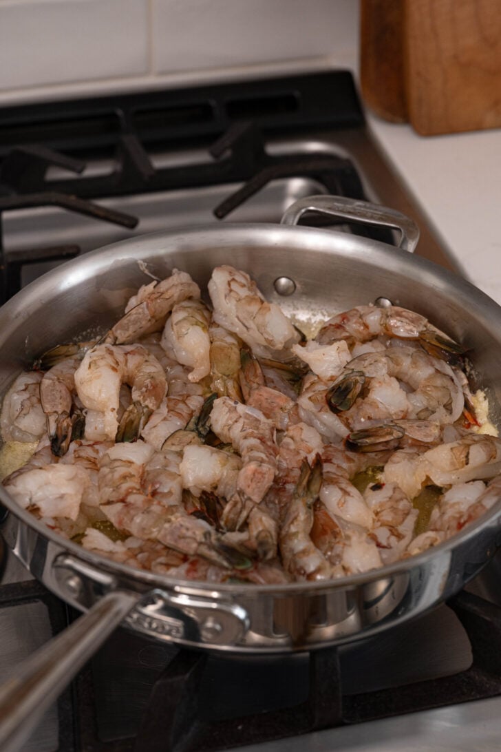 A pan with raw shrimp.