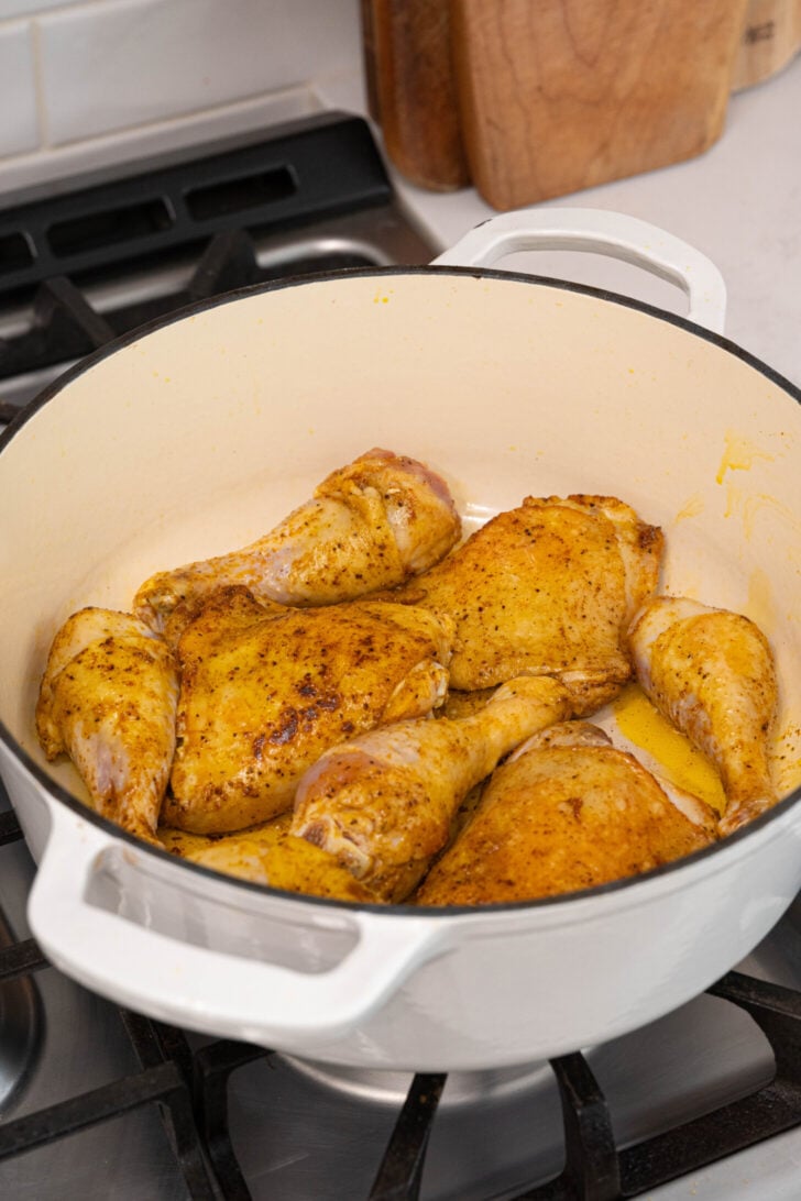 Chicken searling in a pot.