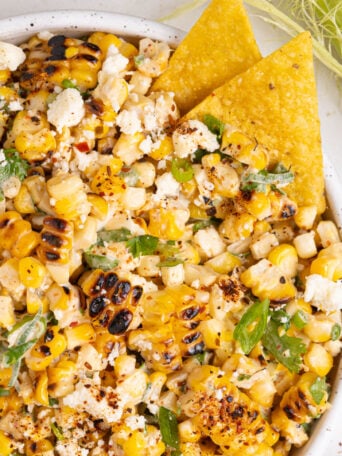 Elote corn dip in a bowl.