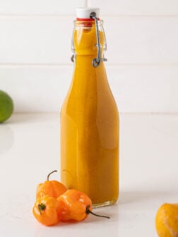 A bottle of mango hubano hot sauce.