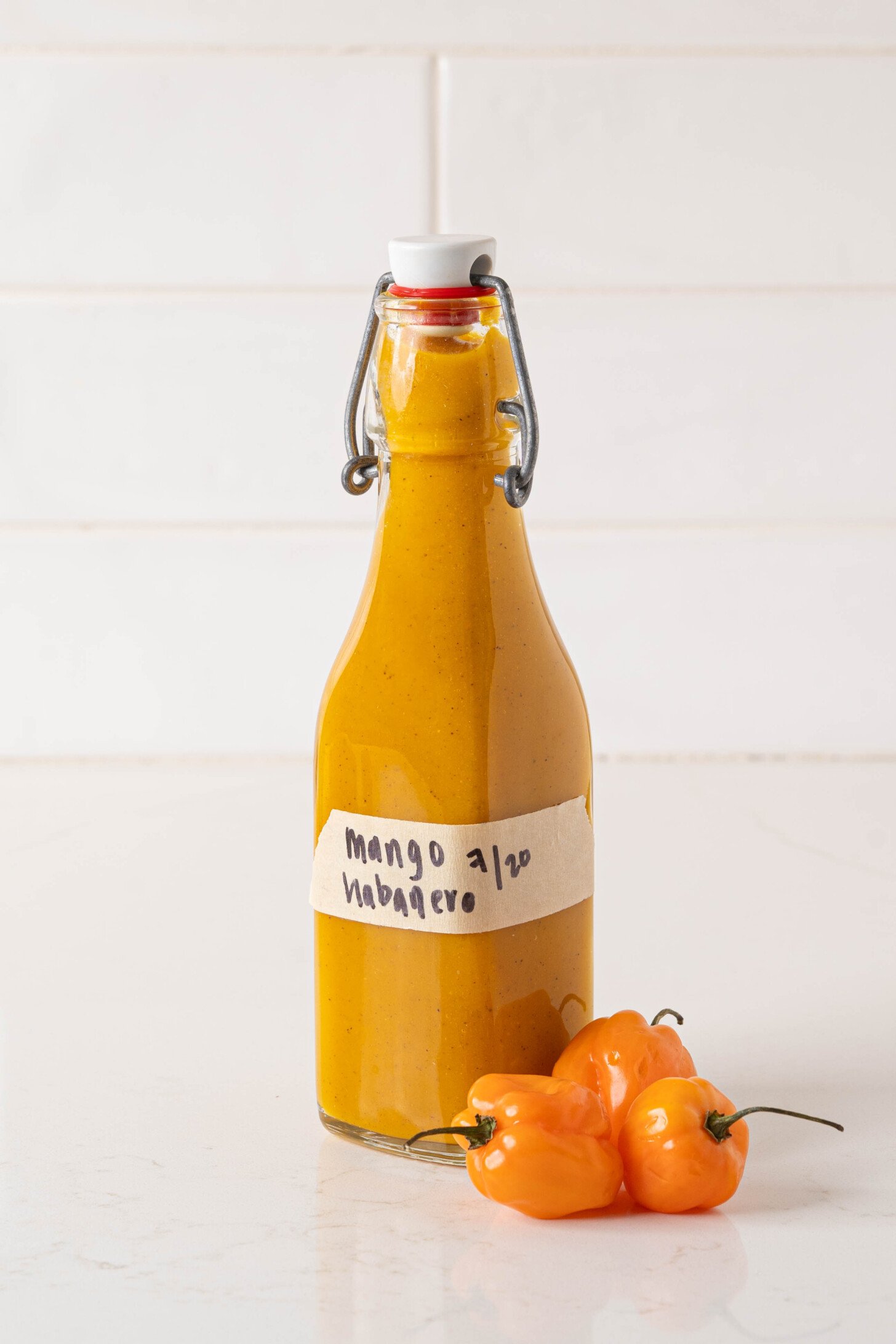 A bottle of mango hubano hot sauce.