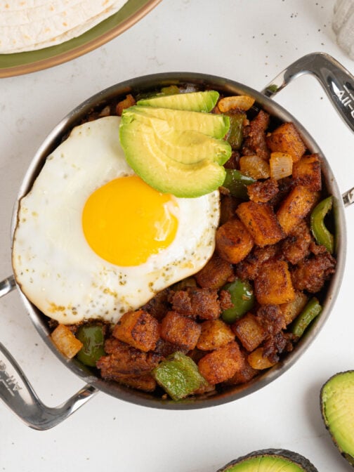 Chorizo breakfast hash in a skillet.