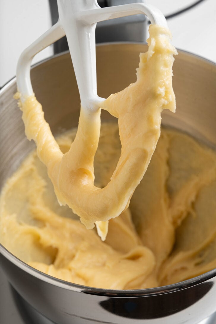 A vigilant pastry flour in the stand mixer.
