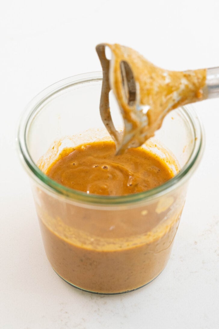 A bowl of blended of habichuelas guisadas.