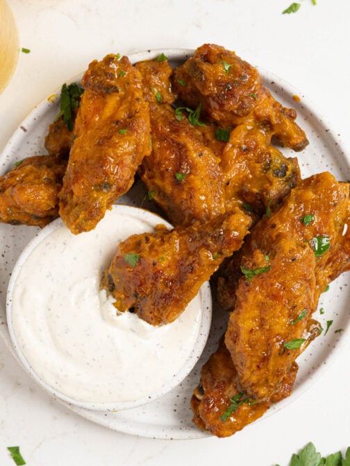 A plate of mango habanero wings.