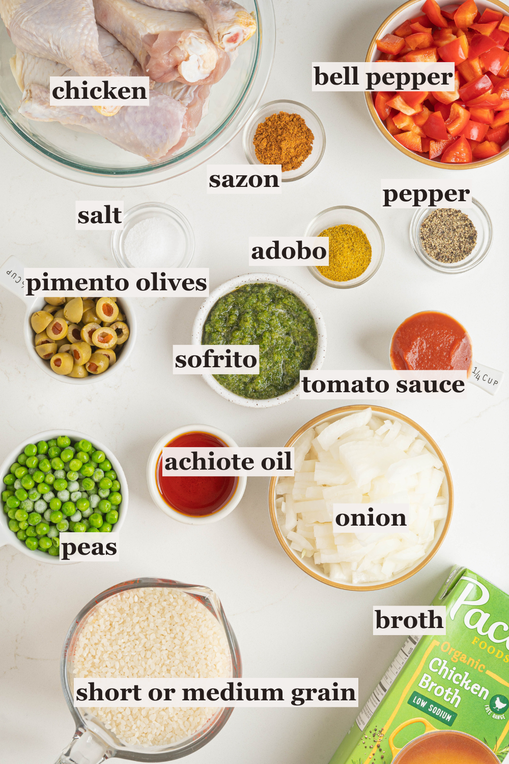 Bowls of rice, sofrito, chicken, and more.