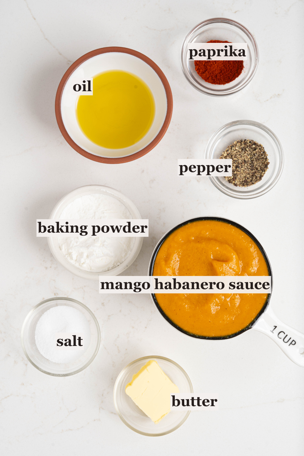 Mango hibenro sauce, spices and more cups.