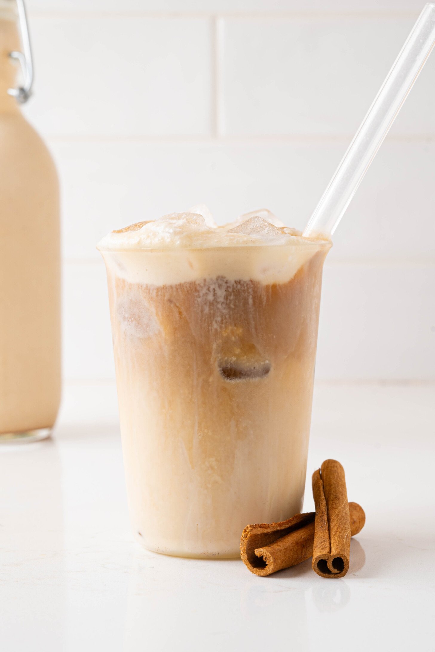 A coquito latte on a counter.