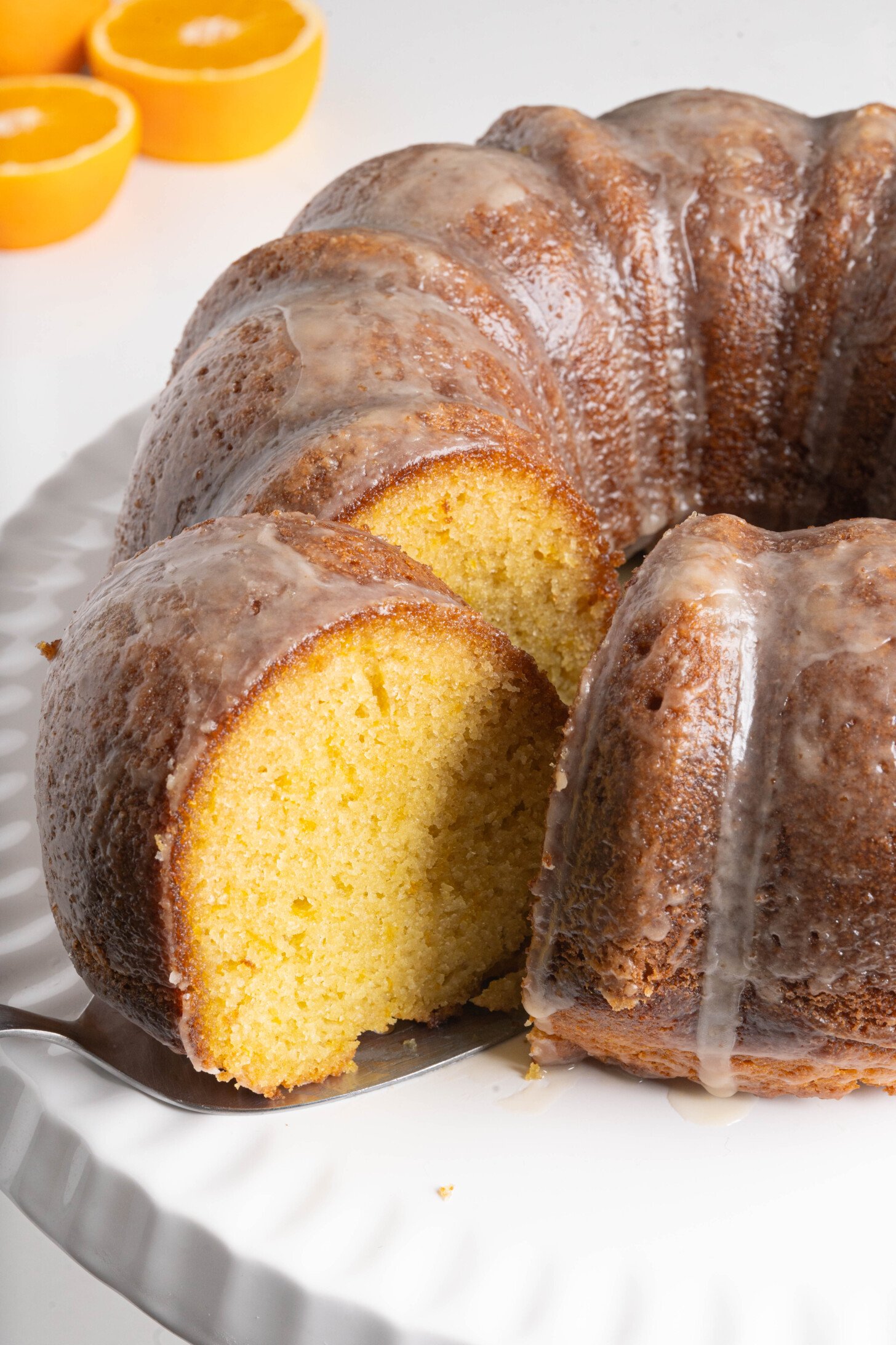 A slice of orange bundt cake.