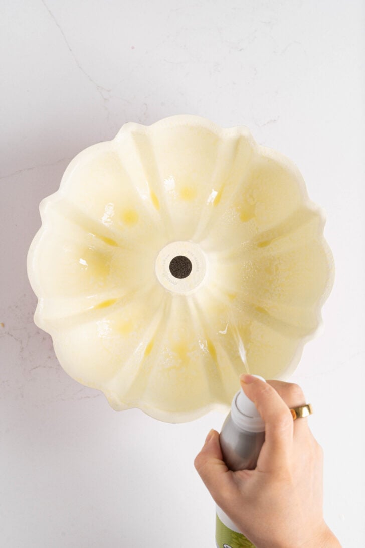Nonstick spray spray a bundt pan.