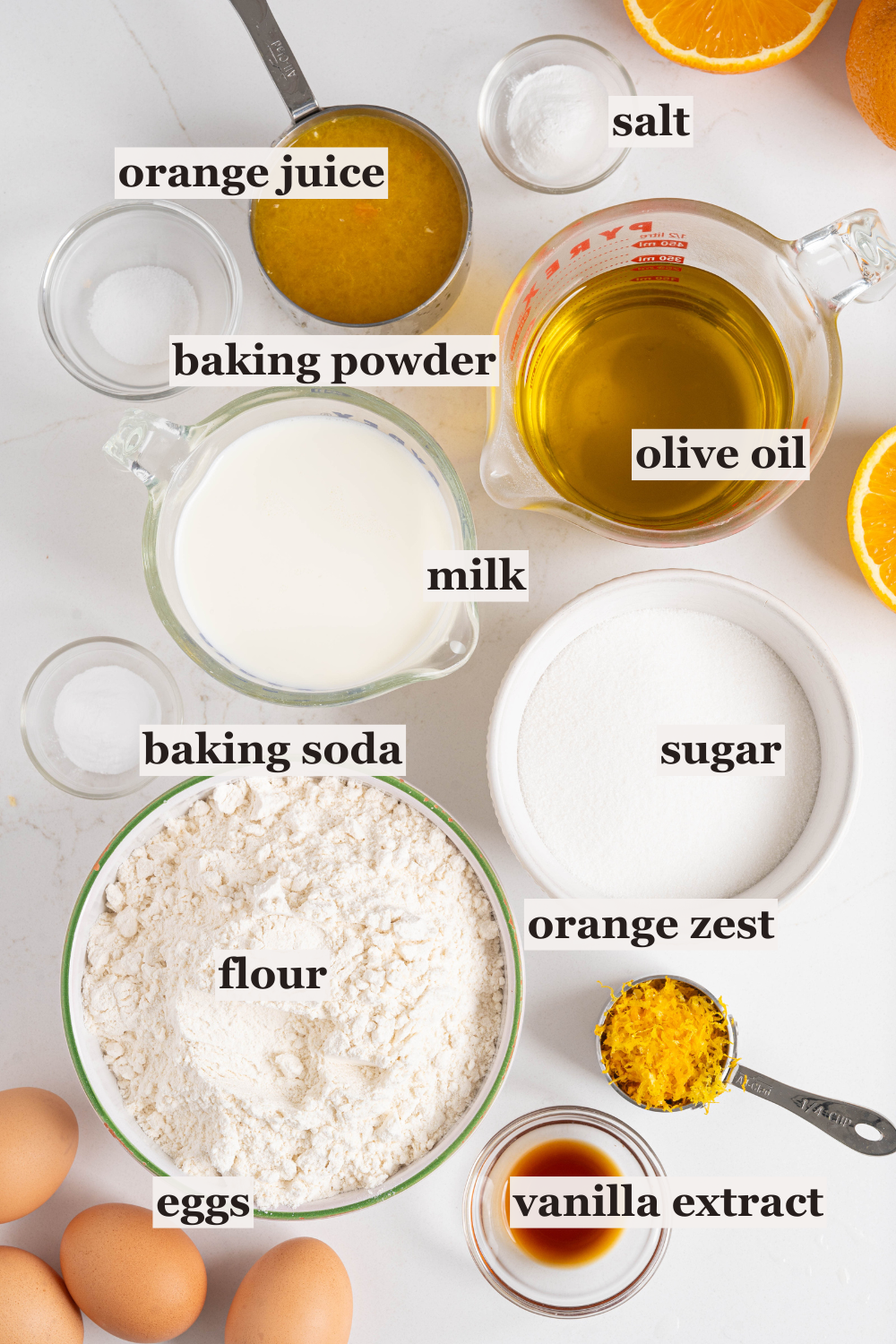 Bowls of oil, orange juice, flour and more.
