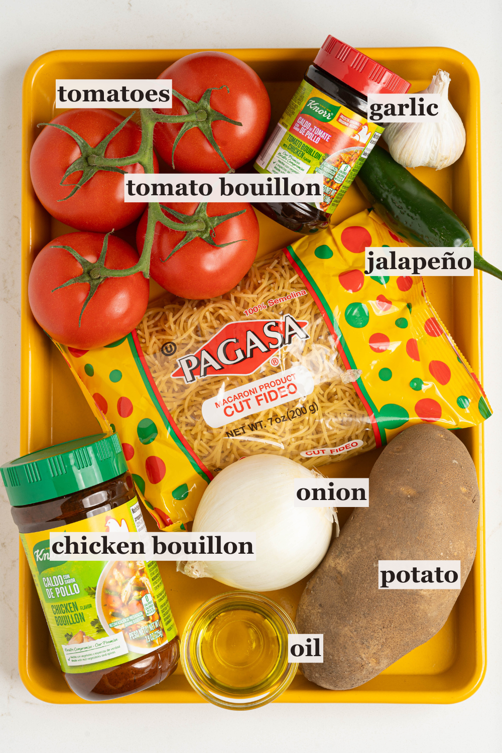 Tomatoes, onions, fedo noodles, and more.