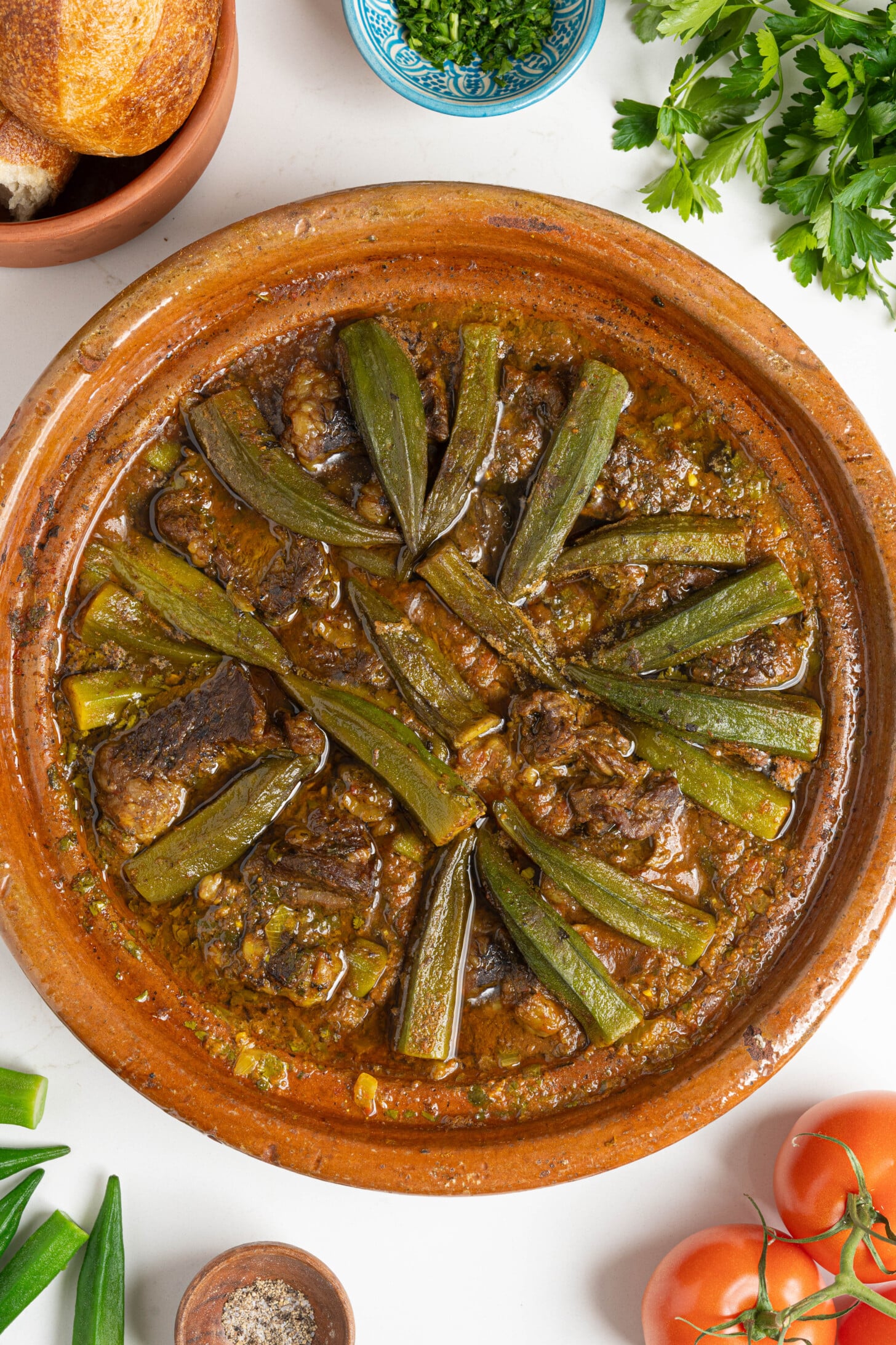 A tagine of Moroccan okra stew.