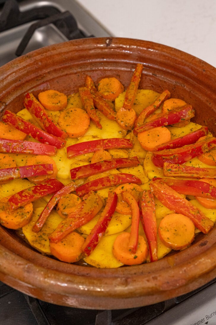 Vegetables stewing in a pot.