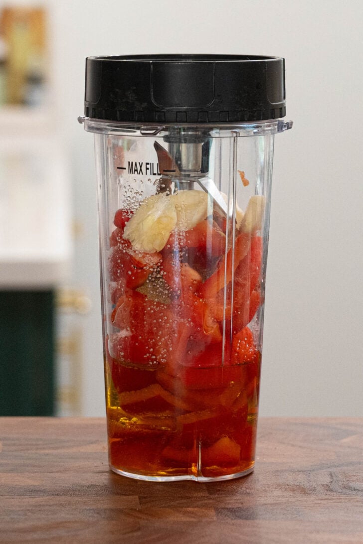 Peppers, spices, oil and garlic in a blender.