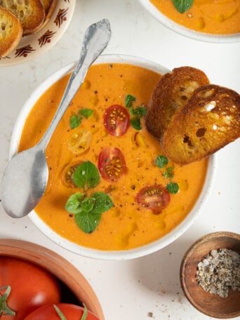 A bowl of tomato gazpacho.