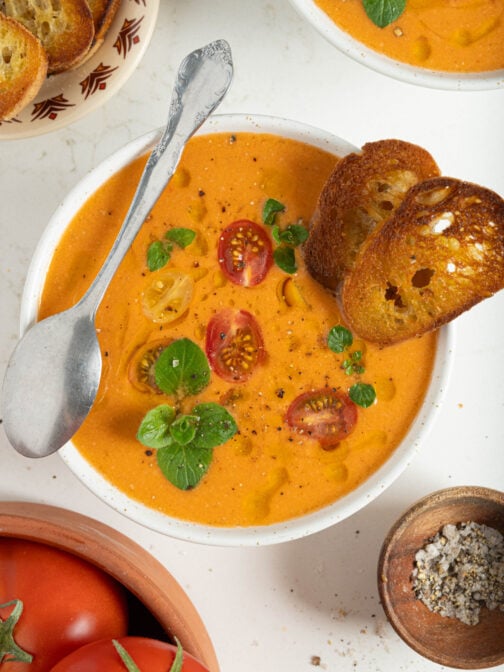 A bowl of tomato gazpacho.