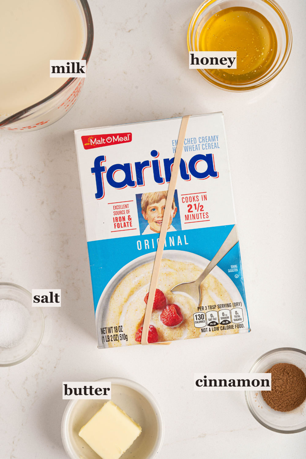 Bowls of farina, honey, milk, and more.
