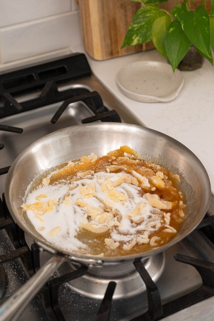 Sugar melting in a pan.