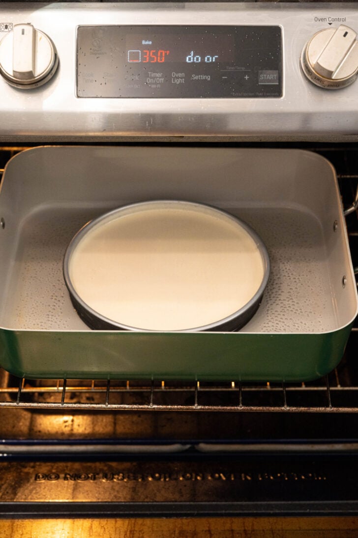 Flan baking in a water bath.