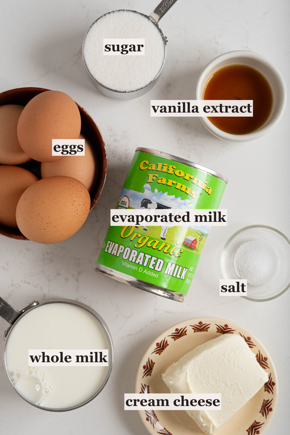 Bowls of sugar, eggs, cheese and more.