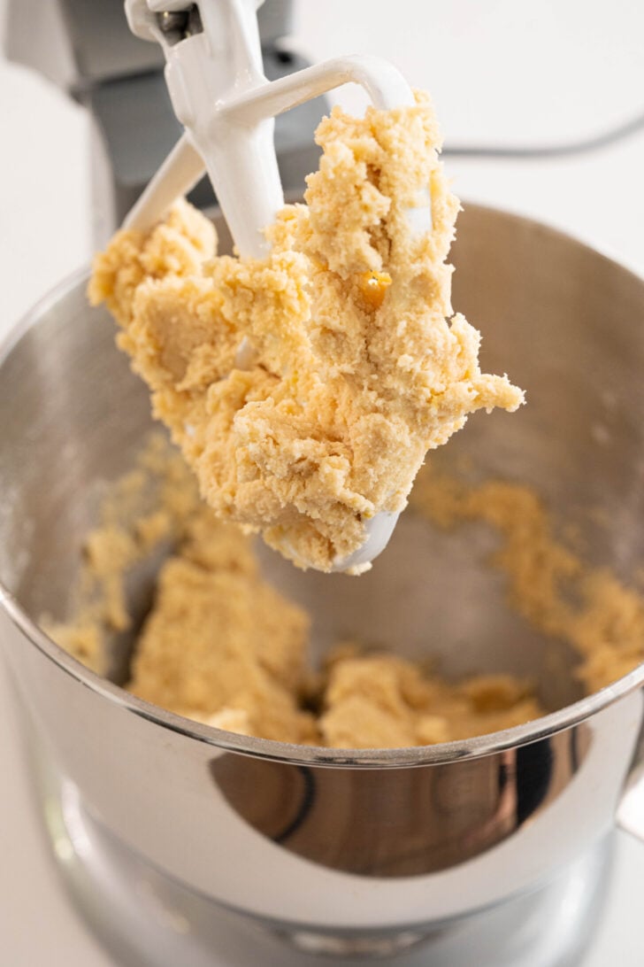 Crumble bar dough in a stand mixer.
