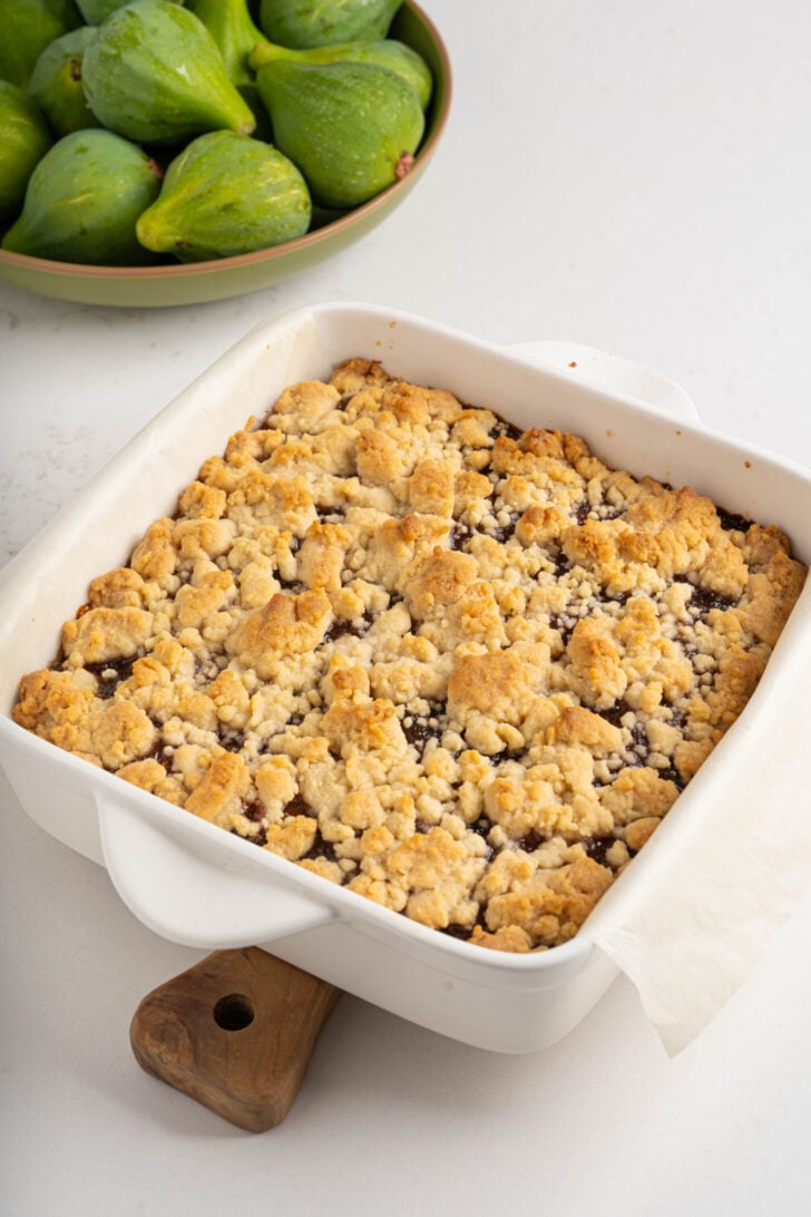 Buttery fig bars in a baking dish.