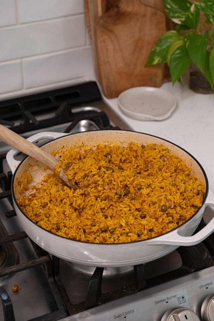 A pot of arroz con gandules.